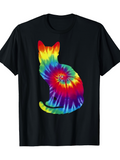 Men's T-Shirt Vivid Rainbow Tie Dye Pattern Shining Around A Sitting Cat