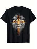 Men's T-Shirt Majestic Mane Of A Lion With Cross Framing The Fierce Noble Animal