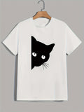 Men's T-Shirt Playful Black Cat Peeking Out From White Shirt Corner Cat
