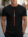 Men's T-Shirt Minimalist Red Vertical Stripe With White Slanted Script Text Line