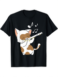 Men's T-Shirt Cartoon Calico Cat Playing Flute Surrounded By Floating Music Notes