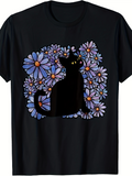 Men's T-Shirt Black Cat Silhouette Sitting Among Purple Wildflowers