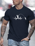 Men's T-Shirt Heartbeat Line With Silhouette Of Fisherman Catching A Jumping Fish