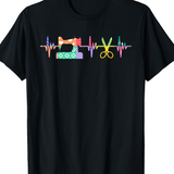 Men's T-Shirt Colorful Sewing Patterns With Vibrant Heartbeat Lines Featuring Scissors And Sewing Machine