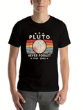 Men's T-Shirt Pluto Never Forget Striped Retro Sunset With Planet Illustration
