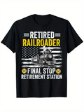 Men's T-Shirt Retired Railroader Final Stop Retirement Station With Dramatic Train And Vintage Flag Design