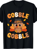 Men's T-Shirt Gobble Gobble With Pilgrim Hat Cartoon Surrounded By Falling Autumn Leaves Turkey