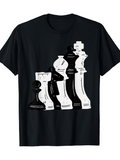 Men's T-Shirt Monochrome Classic Board Game Pieces On Black Cotton Chess Set
