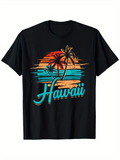 Men's T-Shirt Hawaii Vibrant Sunset With Palm Trees And Ocean Waves Scene