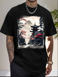 Men's T-Shirt Tranquil Mountain Landscape With Misty Trees Temple And Distant Peaks