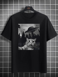 Men's T-Shirt Cute Cat In Mysterious Forest With Spaceships Flying Overhead