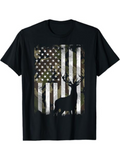 Men's T-Shirt Camo American Flag With Summer Forest Silhouette Majestic Standing Deer
