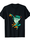 Men's T-Shirt Vibrant Green Tree Frog Climbing Outwards On Black T Shirt Frog