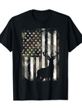 Men's T-Shirt Camo American Flag With Silhouette Deer And Majestic Antlers