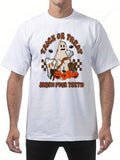 Men's T-Shirt Trick Or Treat Ghost With Pumpkins Candy Bags And Falling Leaves