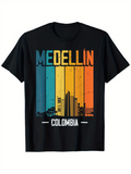 Men's T-Shirt Colorful Skyline Silhouettes With Vertical Retro Bars Medellin