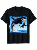 Men's T-Shirt Playful Ocean Waves With Leaping Orca And Curious Black Cat