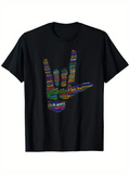 Men's T-Shirt Colorful Words With Striped Hand Sign Displayed On Black T Shirt
