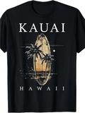 Men's T-Shirt Kauai Hawaii Surreal Sunset With Palm Trees And Vintage Surfboard