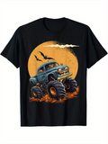 Men's T-Shirt Retro Monster Truck With Orange Moon Bats And Dusty Rolling Wheels