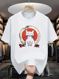 Men's T-Shirt Mystic Night With Red Moon Shining Behind Whimsical White Cat