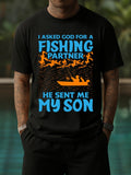 Men's T-Shirt I Asked God For A Fishing Partner He Sent Me My Son Orange Silhouette Boat Water Reflections Rippling Lines