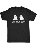Men's T-Shirt Oh Hey Boo Two Smiling Cartoon Ghosts On Plain Black T Shirt