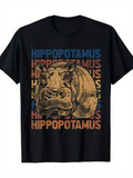Men's T-Shirt Retro Colored Words And Engraved Sketch Featuring Majestic Hippopotamus