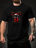 Men's T-Shirt Festive Black Cat Wearing Santa Hat With Red Bow And Christmas Ornaments