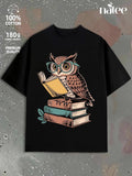 Men's T-Shirt Intelligent Owl With Glasses Reading Books On Top Of Stacked Volumes