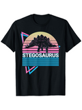 Men's T-Shirt Stegosaurus Neon Sunset Stripes With Retro Geometric Shapes Dinosaur