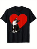 Men's T-Shirt Playful Tuxedo Cat Sitting In Front Of A Bold Red Heart
