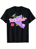 Men's T-Shirt Retro Neon Shapes With Apple And School Supplies Teacher