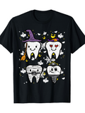 Men's T-Shirt Cute Halloween Characters With Cartoon Smiling Teeth And Little Stars Surrounded