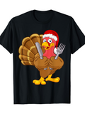 Men's T-Shirt Festive Cartoon Turkey Wearing Santa Hat Holding Utensils Holiday Bird