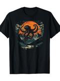 Men's T-Shirt Mysterious Mountain Scenery With Fiery Sunset And Foreboding Octopus