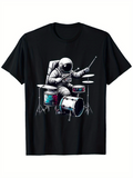 Men's T-Shirt Retro Astronaut Playing Drums With Vivid Neon Space Effects