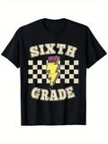Men's T-Shirt Sixth Grade Lightning Bolt Over Checkered Retro Background