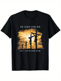Men's T-Shirt He Died For Me Sunset Sky With Silhouetted Crosses Among Glowing Clouds Crucifixion Scene