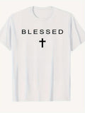 Men's T-Shirt Blessed Minimal Cross With Clean Line Letters And Simple White Shirt