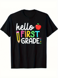 Men's T-Shirt Hello First Grade Colorful Apple And Pencil Design