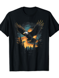 Men's T-Shirt Majestic Bald Eagle Flying Over Sunset Forest Silhouette With Evergreen Trees