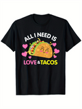 Men's T-Shirt All I Need Is Love With Pink Hearts Smiling Tacos