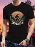Men's T-Shirt Sasquatch Retro Forest Landscape At Sunset With Legendary Creature