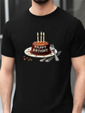 Men's T-Shirt Happy Birthday Chocolate Cake With Burning Candles And Dessert Fork