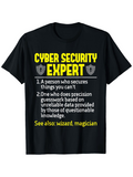 Men's T-Shirt Cyber Security Expert Quirky Definitions Bold Yellow Text With Shields
