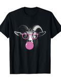 Men's T-Shirt Playful Pink Bubblegum Chewing Goat With Glasses Illustration
