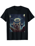 Men's T-Shirt Feline Reaching Upward With Glowing Spaceships In Night Sky Cat