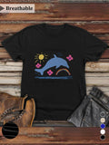 Men's T-Shirt Sunshine And Pink Flowers Surrounding A Jumping Blue Dolphin