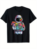 Men's T-Shirt Colorful Fungi Surreal Night Among Stars Holding Lively Mushrooms Astronaut